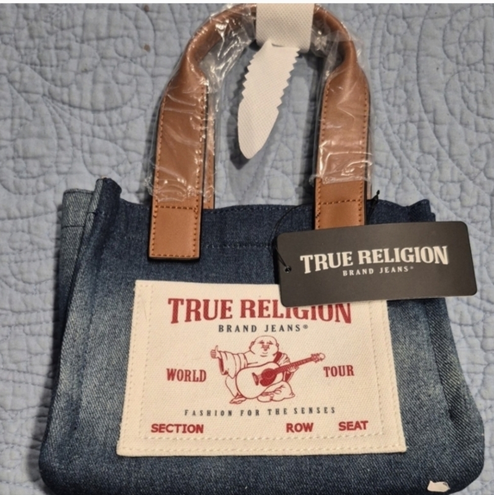 True Religion Denim Tote with Brown Handles